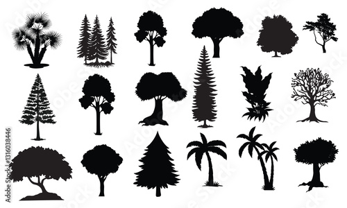 Silhouette tree line drawing set Side view set of graphics trees elements outline symbol