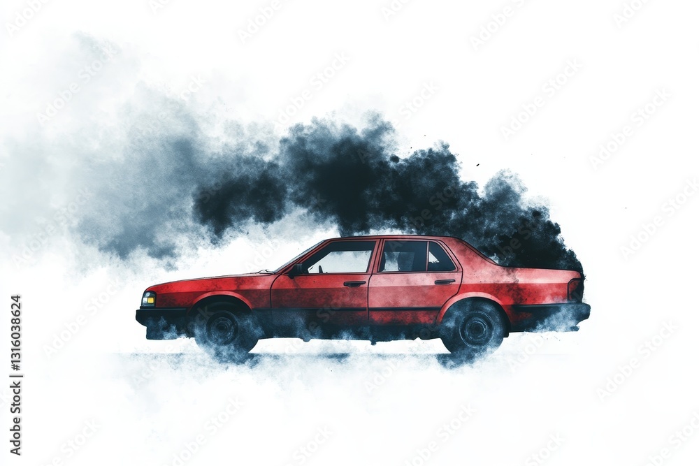 An artistic representation of an old red car emitting thick smoke from its exhaust. This image captures the impact of pollution on the environment. An artistic representation of an old red car emitting thick smoke from its exhaust. This image captures the impact of pollution on the environment.