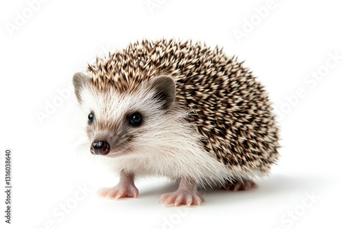 Hedgehog standing on tiptoes, appearing alert, isolated.
