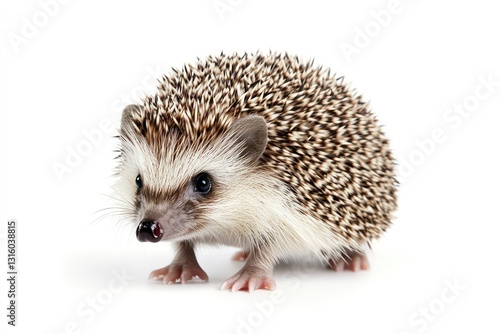 Hedgehog standing on tiptoes, appearing alert, isolated.