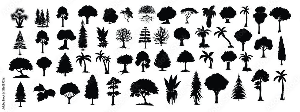 Naklejka premium set of silhouette clipart of a large oak tree, Big collection of tree silhouettes isolated