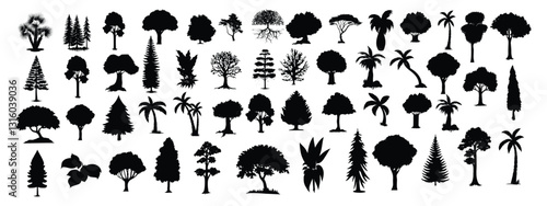 set of silhouette clipart of a large oak tree, Big collection of tree silhouettes isolated