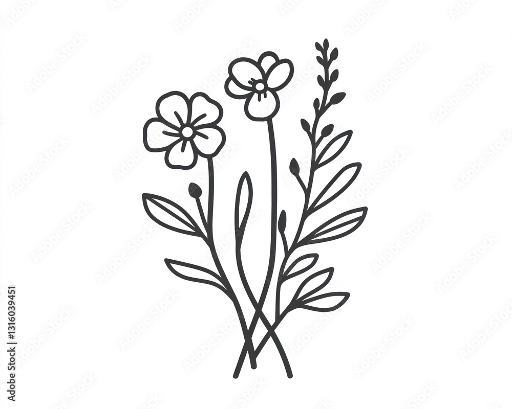 Simple floral bouquet line art, white background, design element Simple floral bouquet line art, white background, design element