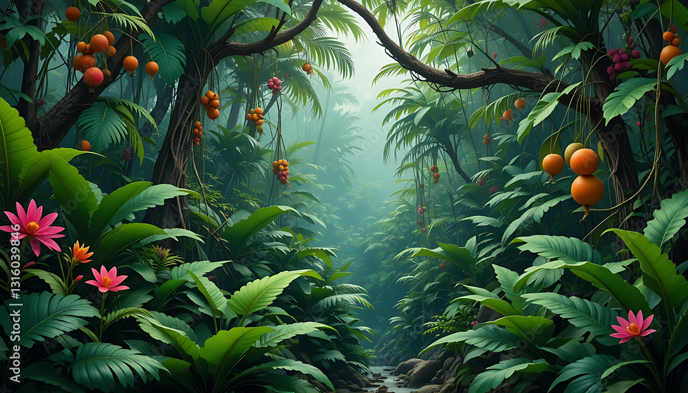 Fototapeta premium Lush Tropical Rainforest Path: Exotic Plants & Fruits