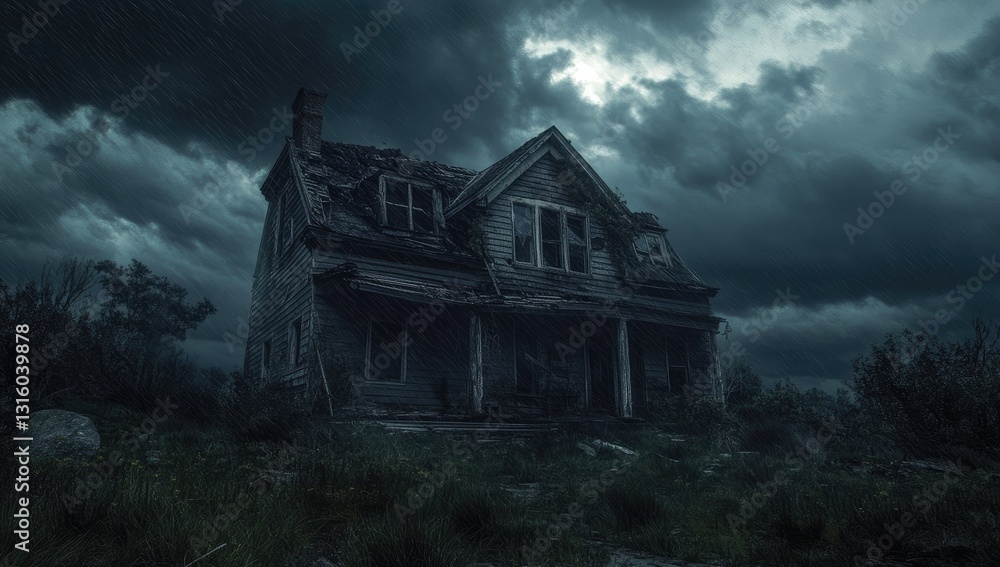 Obraz premium Abandoned farmhouse under stormy sky