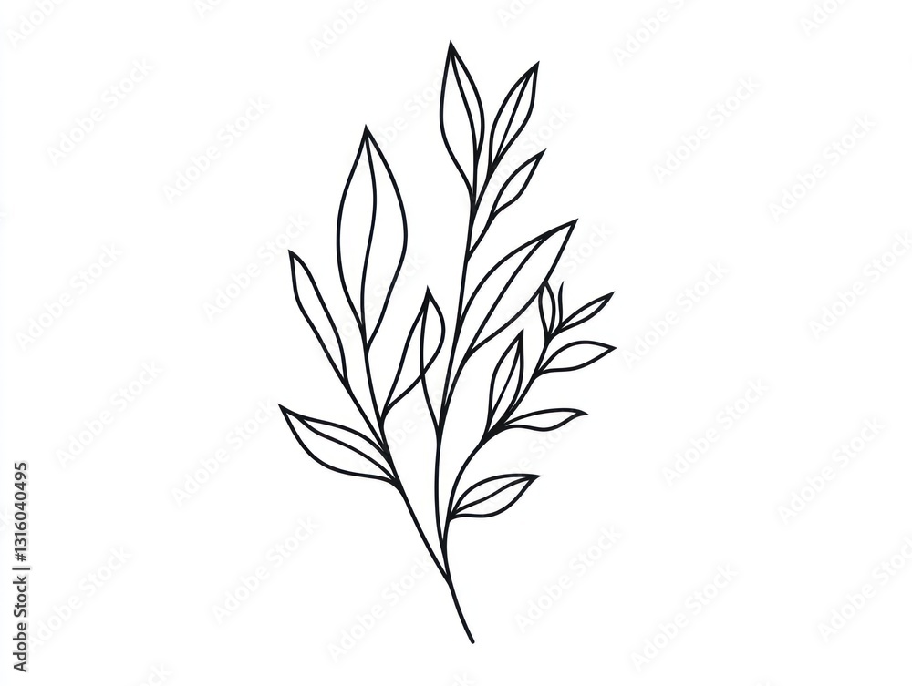 Simple line art foliage, botanical illustration, white background, wedding invitation design Simple line art foliage, botanical illustration, white background, wedding invitation design