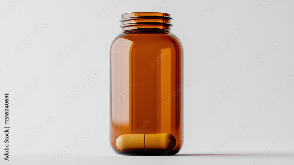 Minimalist amber glass pill bottle with two capsules inside, showcasing simplicity and elegance Minimalist amber glass pill bottle with two capsules inside, showcasing simplicity and elegance