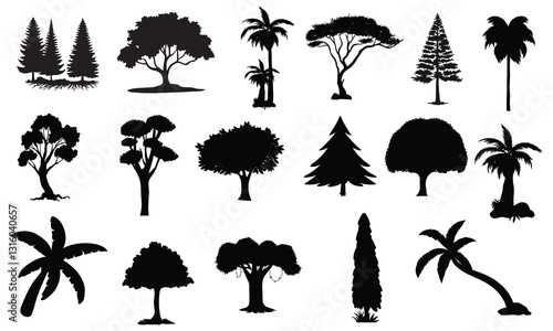 Tree silhouettes Conjunto de salute de planta y árbol.