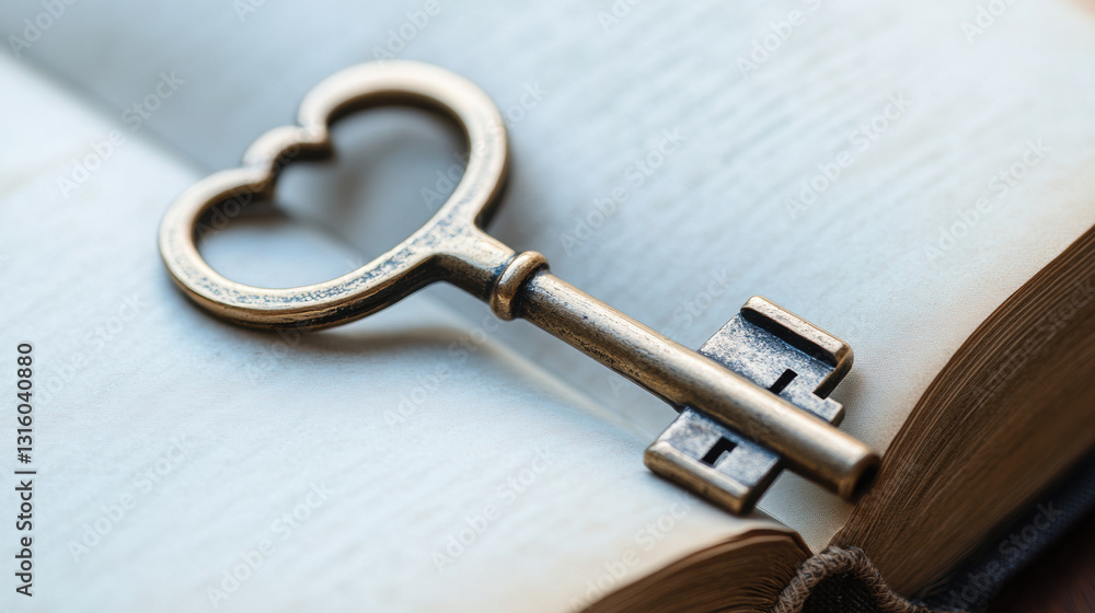 Old fashioned skeleton key resting on open book, symbolizing knowledge and mystery Old fashioned skeleton key resting on open book, symbolizing knowledge and mystery