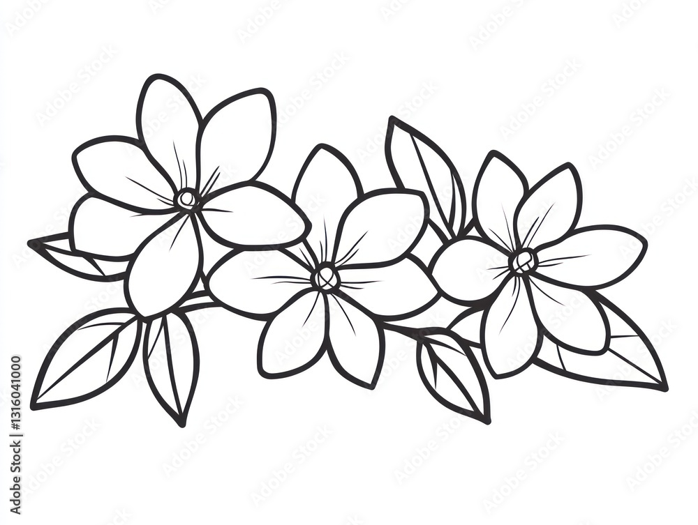 Simple line drawing of three flowers, leaves, and branch; coloring book page Simple line drawing of three flowers, leaves, and branch; coloring book page