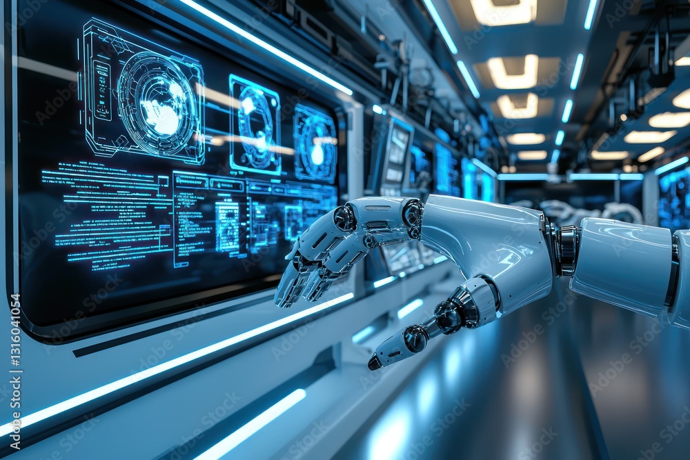 Obraz premium Holographic tutorials enhance robotic hand assembly skills.