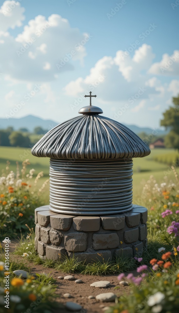 Serene Metal Shrine in a Pastoral Meadow Peaceful Countryside Setting with Cross Serene Metal Shrine in a Pastoral Meadow Peaceful Countryside Setting with Cross
