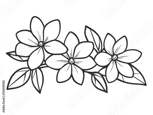 Simple line drawing of three flowers, leaves, and branch; coloring book page
