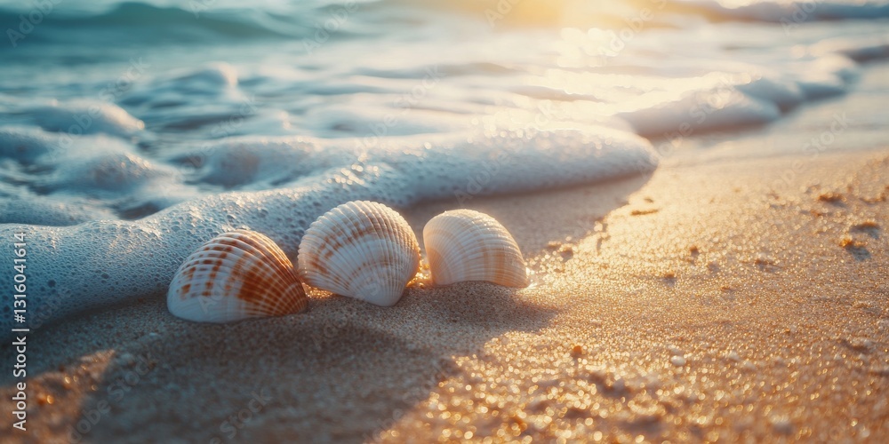 Seashells resting on the beach at sunset with gentle waves Seashells resting on the beach at sunset with gentle waves