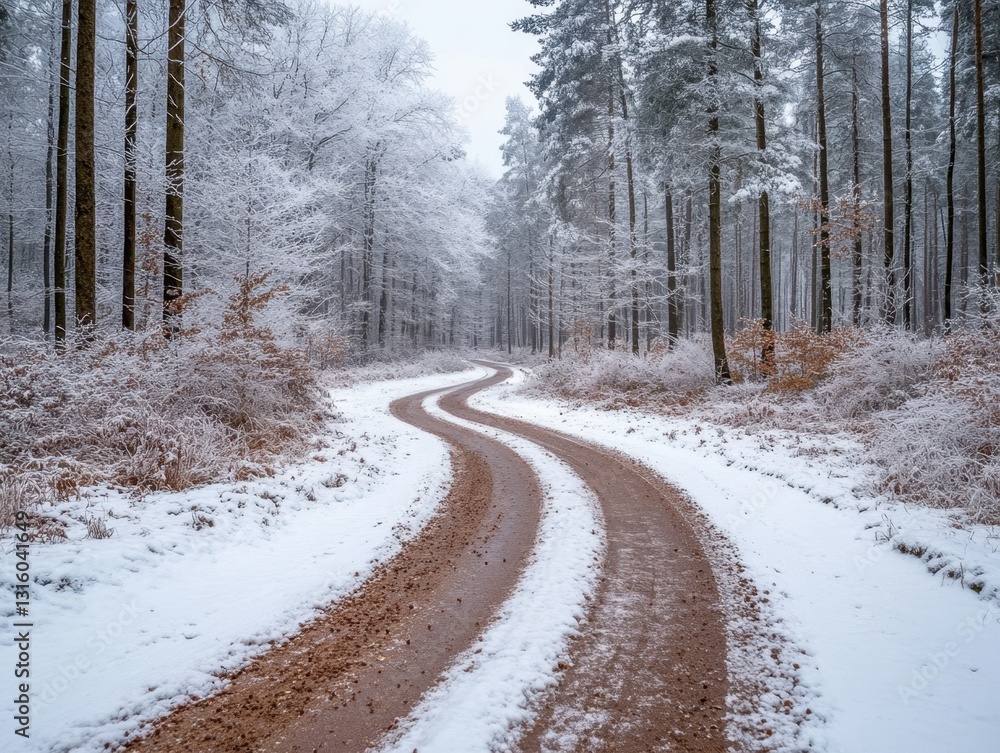 Obraz premium Serene winter landscape with winding path through snow covered forest trees and bushes after snowfall in cold weather with peaceful mood
