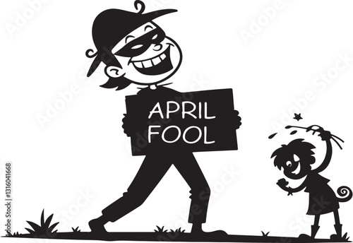Funny cartoon noticed and wishing April Fool's Day silhouette vector and illustration design. Enjoy april fool cartoon character.