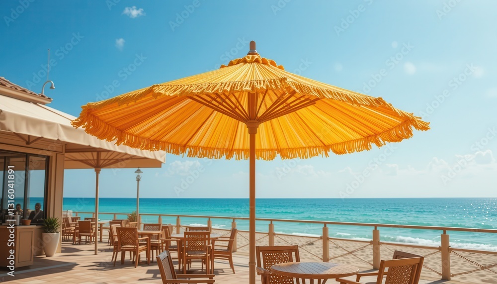 Beachfront Restaurant Patio with Yellow Umbrella and Ocean View Enjoy Summer Vacation Beachfront Restaurant Patio with Yellow Umbrella and Ocean View Enjoy Summer Vacation