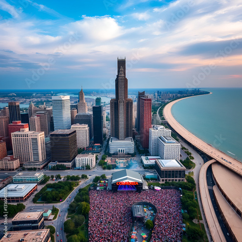 Aerial shot of Lollapalooza music festival in Chicago downtown area. Famous landmark, skyscrapers, road, lake Michigan shoreline. Crowds, concert, music festival, summer event, urban landscape,