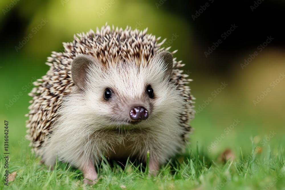 Fototapeta premium Hedgehog with quills slightly raised, appearing cautious.