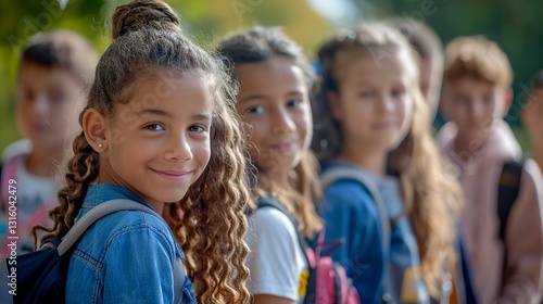 Cheerful multiethnic classmates lined up to board a bright yellow school bus, eager to begin a new academic semester after summer break.