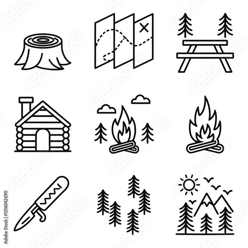  Camping and Outdoor Adventure Line Icons - Wilderness Exploration Symbols