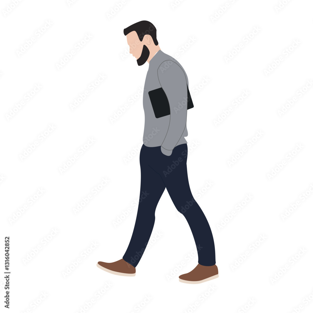 Man walking, tablet, white background, profile Man walking, tablet, white background, profile