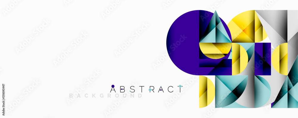 Abstract geometric design with intersecting circles, triangles, squares and sharp angles creating a layered composition with gradients, depth, and contrast Abstract geometric design with intersecting circles, triangles, squares and sharp angles creating a layered composition with gradients, depth, and contrast