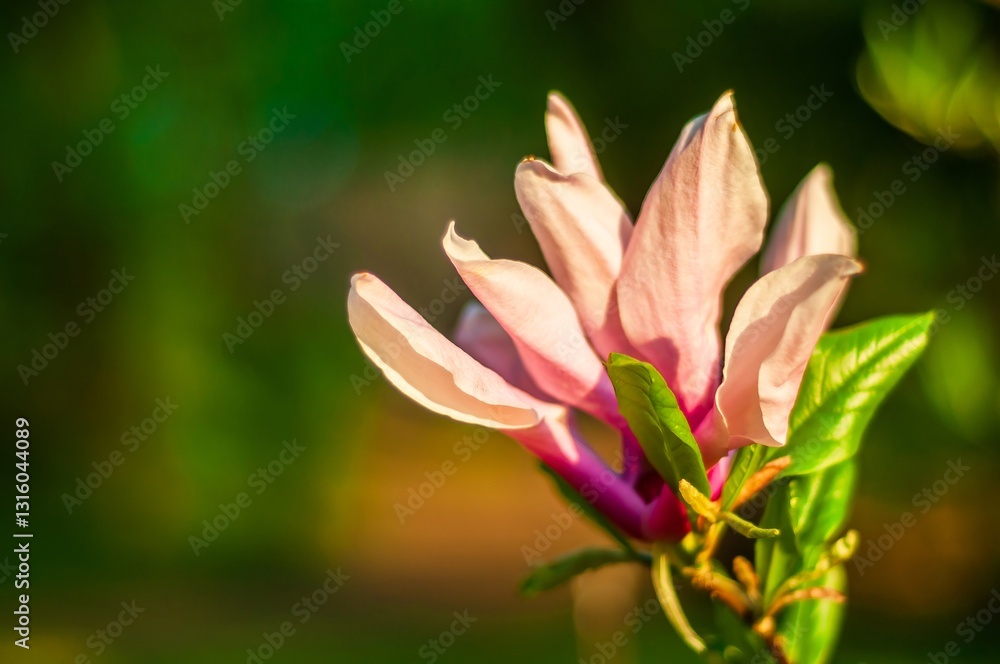 A stunning saucer magnolia flower is highlighted by the afternoon sun in a lush garden. A stunning saucer magnolia flower is highlighted by the afternoon sun in a lush garden.