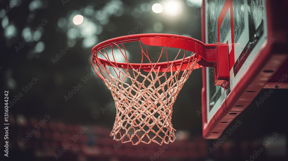 Red basketball hoop with a net, against a blurred background of stadium seating Red basketball hoop with a net, against a blurred background of stadium seating