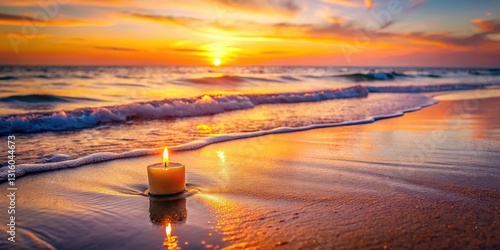 Serene Sunset A Lit Candle on the Beach Reflecting the Golden Hour's Warmth