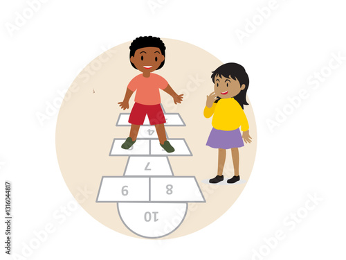 little kids play hopscotch with friends illustration clip art