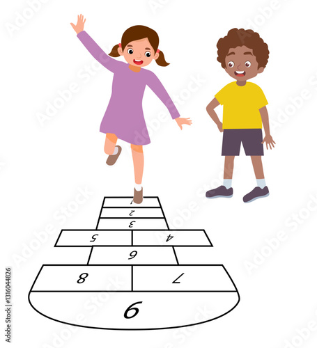 little kids play hopscotch with friends illustration clip art