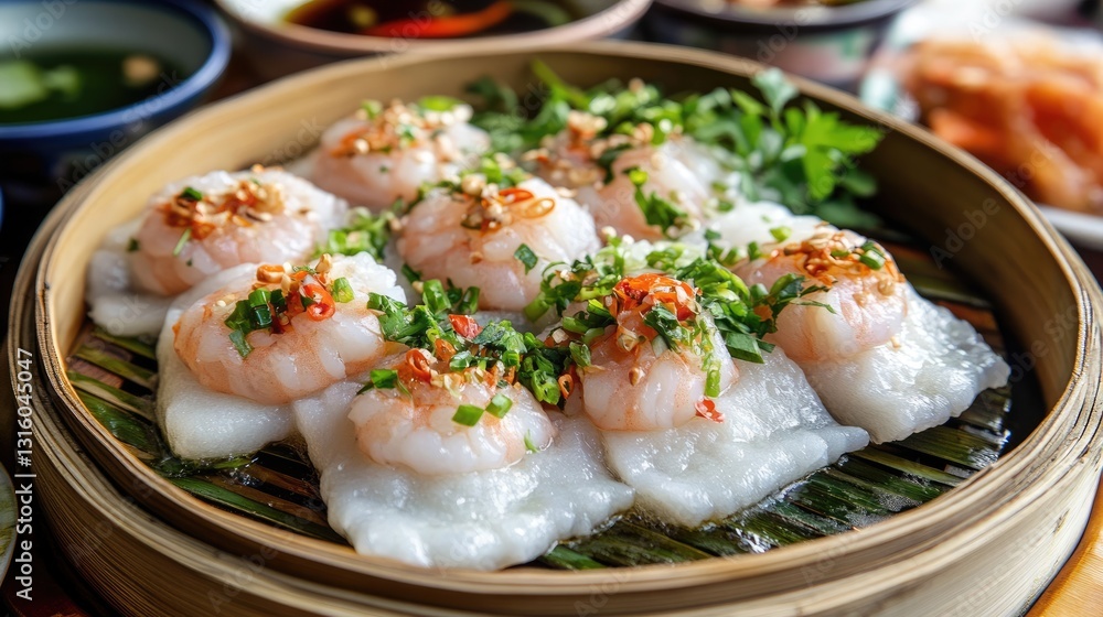 A close-up of freshly steamed Bnh bo served on a traditional bamboo tray.
