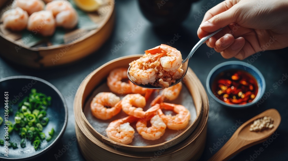 A hand holding a spoon full of minced shrimp, about to top a steamed rice cake. A hand holding a spoon full of minced shrimp, about to top a steamed rice cake.