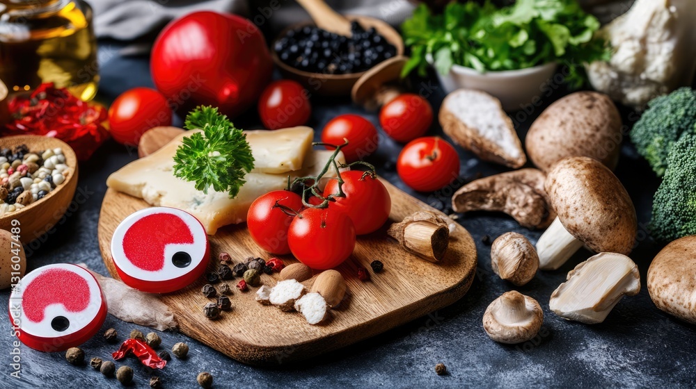 A shot of different allergenic foods grouped together with warning markers. A shot of different allergenic foods grouped together with warning markers.