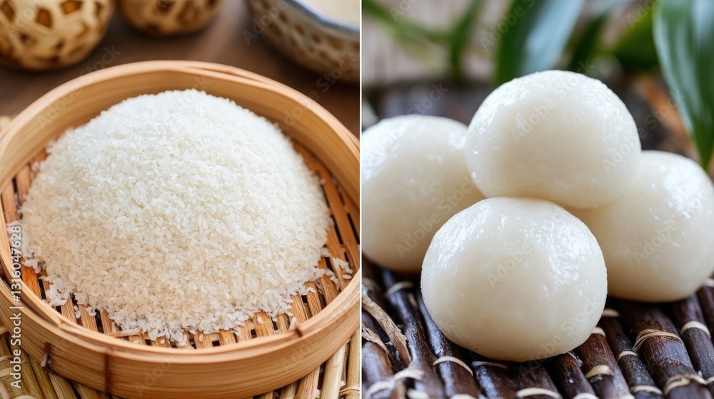 A side-by-side composition of raw rice flour mixture and fully steamed Bnh bo. A side-by-side composition of raw rice flour mixture and fully steamed Bnh bo.