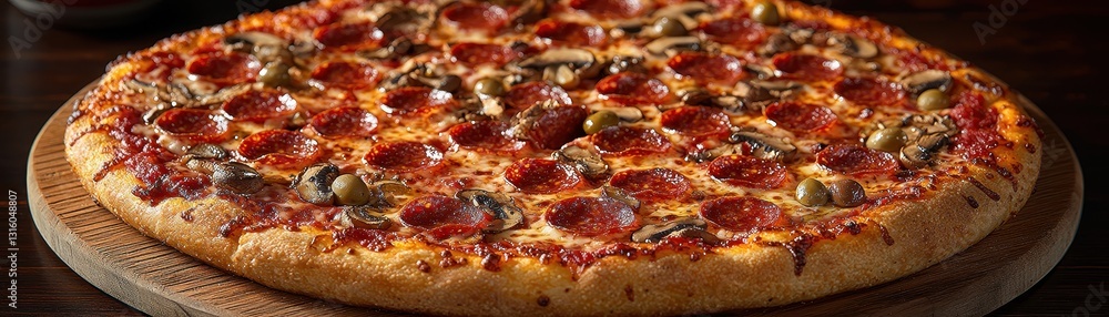 A freshly baked pizza rests on a rustic wooden board, topped with generous slices of pepperoni, black olives, and a gooey layer of melted cheese, invitingly golden and bubbling. A freshly baked pizza rests on a rustic wooden board, topped with generous slices of pepperoni, black olives, and a gooey layer of melted cheese, invitingly golden and bubbling.