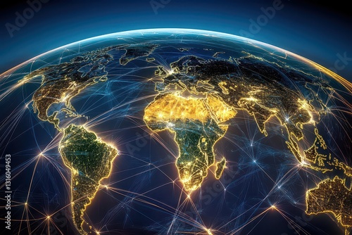 Illuminated globe showcasing global connectivity with vibrant lights over continents at night