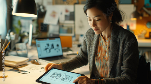 A Creative Director Analyzing Design Prototypes on a Tablet.