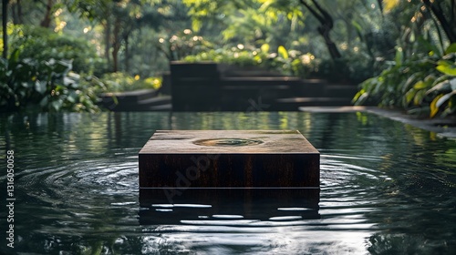 A podium emerging from a calm pool, with ripples forming around its base, inspired by traditional Thai water blessings