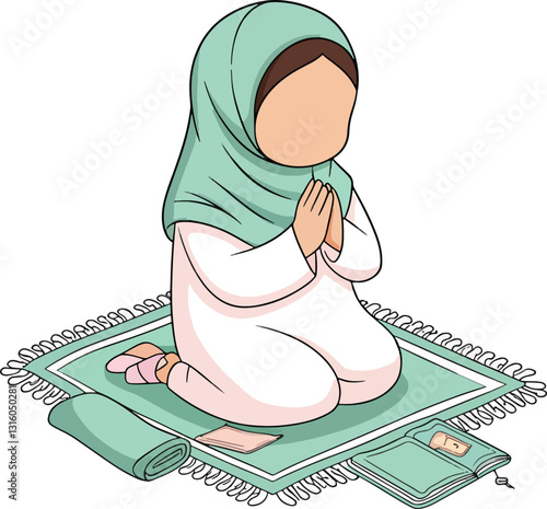 Hijab Muslim Girl Praying on a mats Illustration stock photos