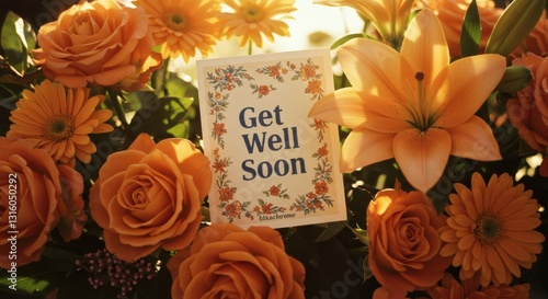 Orange Floral Arrangement with 'Get Well Soon' Card