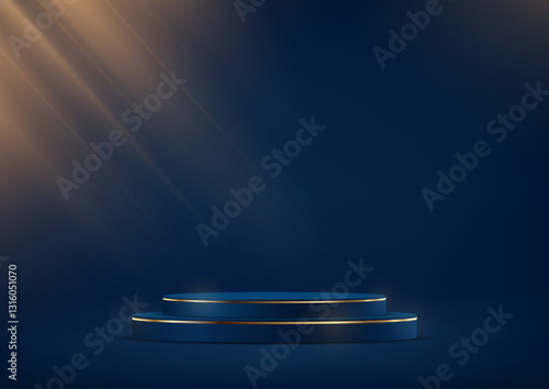 Blue color background vector 3d with blue and gold podium. Empty room with light effect. Space for selling products on the website. Vector illustration.