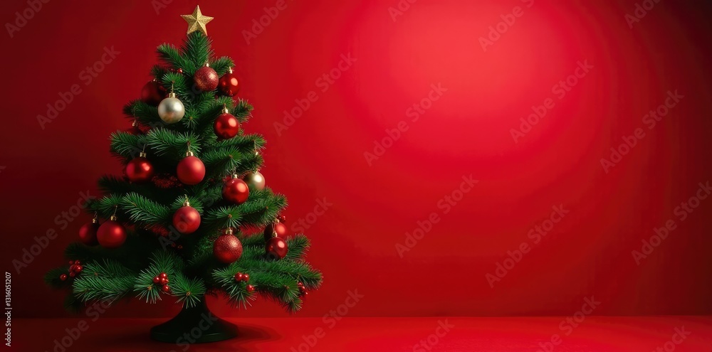 Evergreen Christmas tree with ornaments on red background and soft light, holly berries, holiday cheer Evergreen Christmas tree with ornaments on red background and soft light, holly berries, holiday cheer