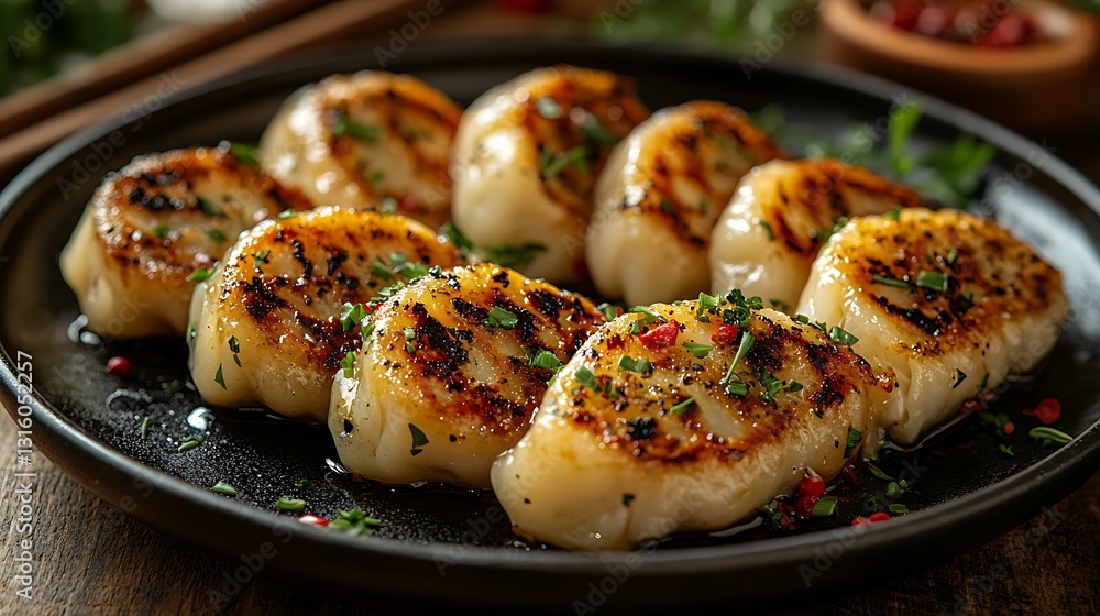 Tasty dumplings glowing with rich color served on a dark plate with herbal garnishes Tasty dumplings glowing with rich color served on a dark plate with herbal garnishes