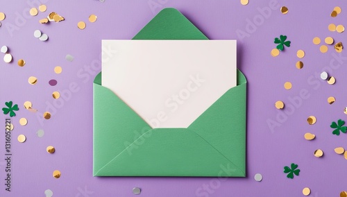 A photo from directly above of Saint Patrick's Day decorations, including confetti in the shape of shamrocks and an open green envelope with a paper sheet, on a background that is pastel lilac and