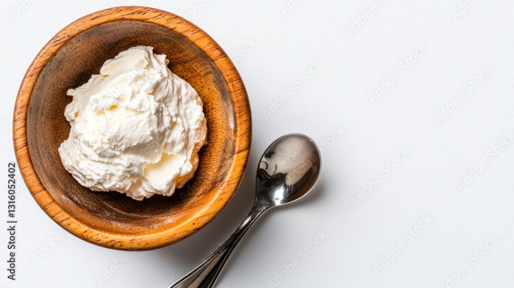 Creamy Sour Cream in Wooden Bowl with Spoon Food Photography Creamy Sour Cream in Wooden Bowl with Spoon Food Photography
