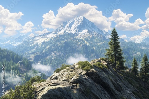 Experience the serene beauty of a snow-capped mountain towering above a lush green valley, framed by fluffy clouds and vibrant nature. Perfect for nature lovers!