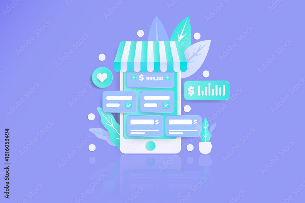 Naklejka premium Mobile phone online store app, purple background, sales chart