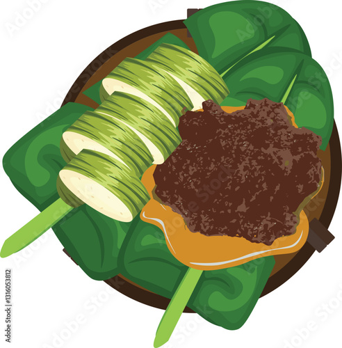 rendang and lemang illustration food with cartoon style